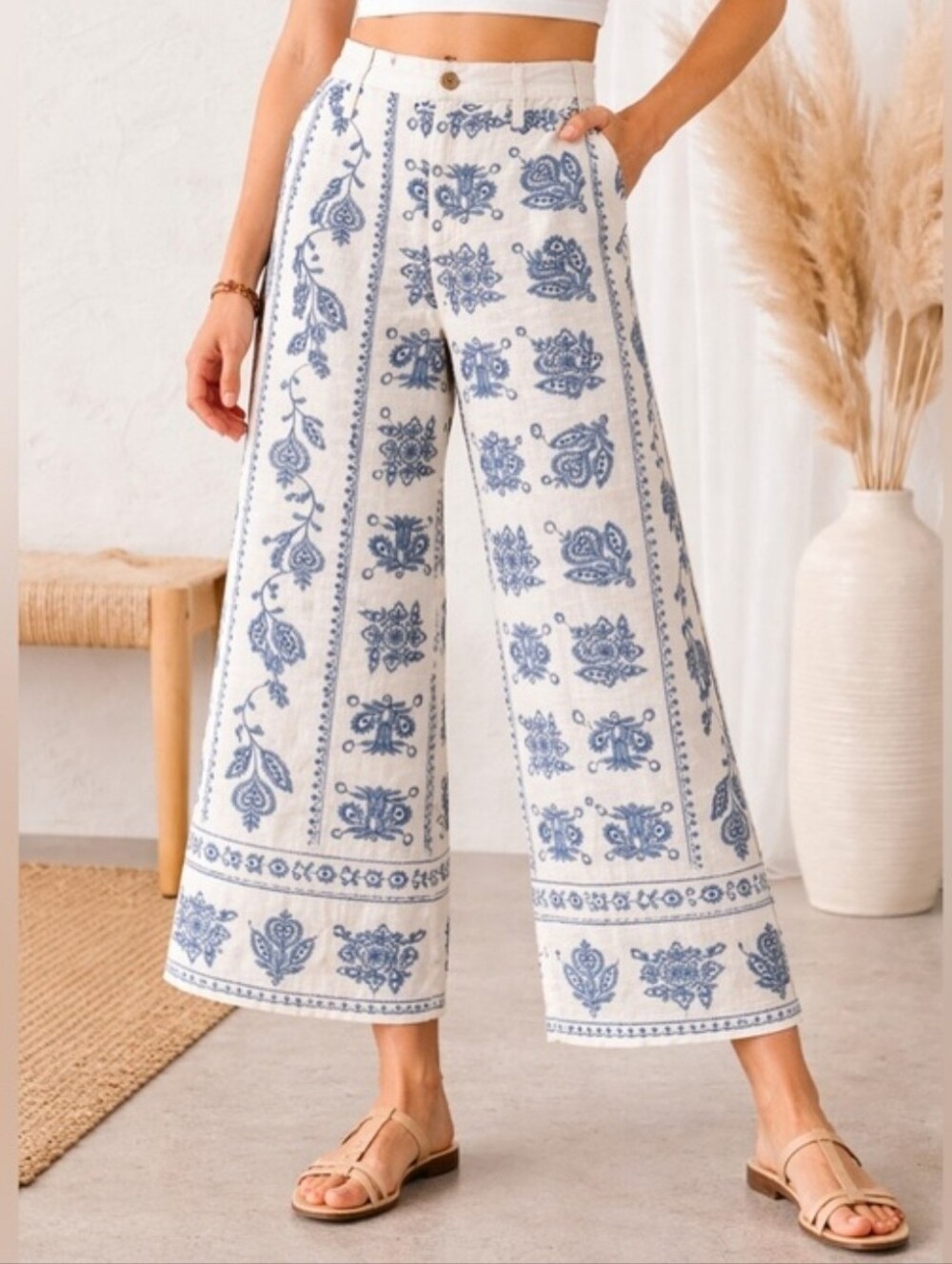 Joie Womens 4 White Linen Blend Embroidered Pants Blue Floral Coastal Boho - Picture 3 of 10